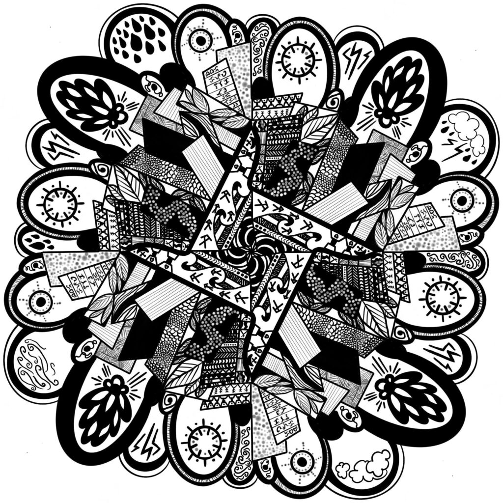 Black and white digital ink. The design appears like in a clock formation with abstract images representing living things the planet. Some graphic elements draw from indigenous Pacific Islander representations and line art. There are also Babayin characters, a pre-colonial written language in the Tagalog regions of what is now called the Philippines. Written in Babayin include Tagalog words: babae (female), kapwa (kinsfolk), lalake (male), tao (person) and lakas (power).
