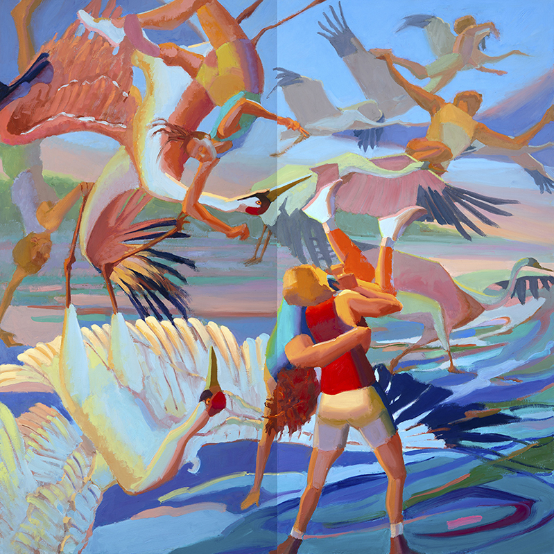 In the right side of the diptych, people and whooping cranes fall from head-first from the sky, into rolling water. In the second side, a figure standing on the bottom edge of the painting catches another figure on her shoulder. Birds take off and rise up, and more figures fly with them in a hopeful vision of the future.